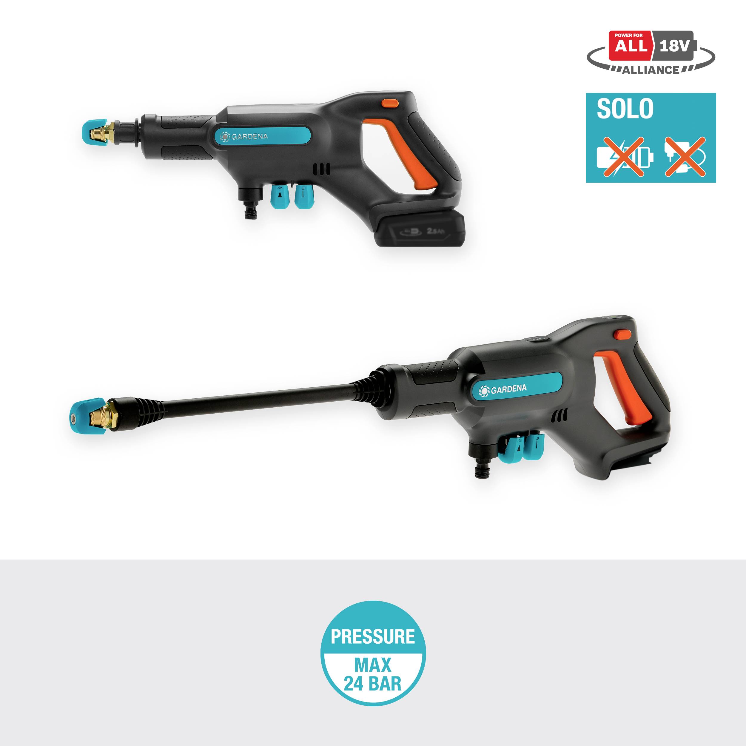 Représentation visuelle d'un nettoyeur haute pression portable de Gardena. Fonctionnant sur batterie, pression maximale de 24 bars. Vendu en kit sans batterie.