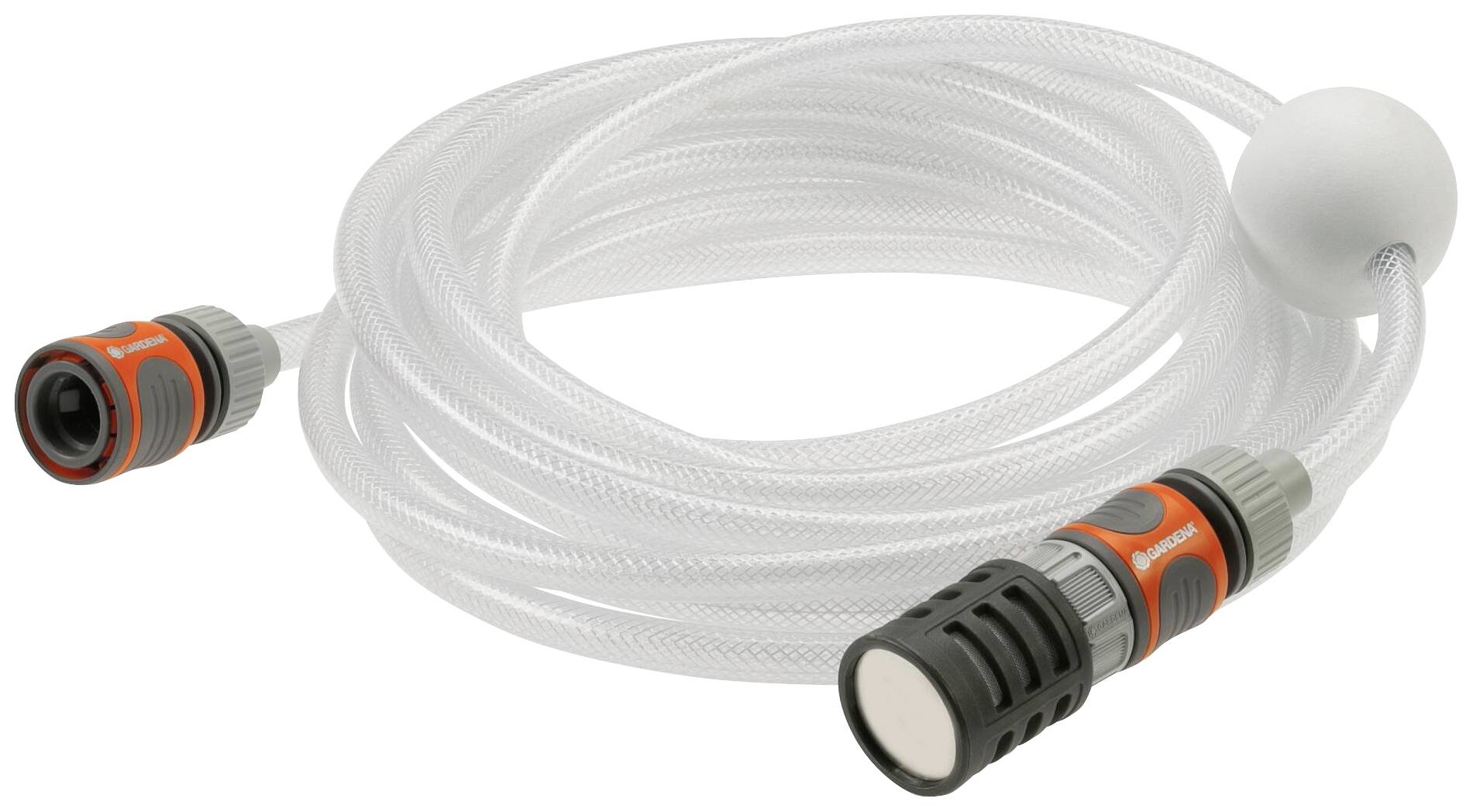 Tuyau de jardin transparent avec des raccords gris et orange, idéal pour l'irrigation.