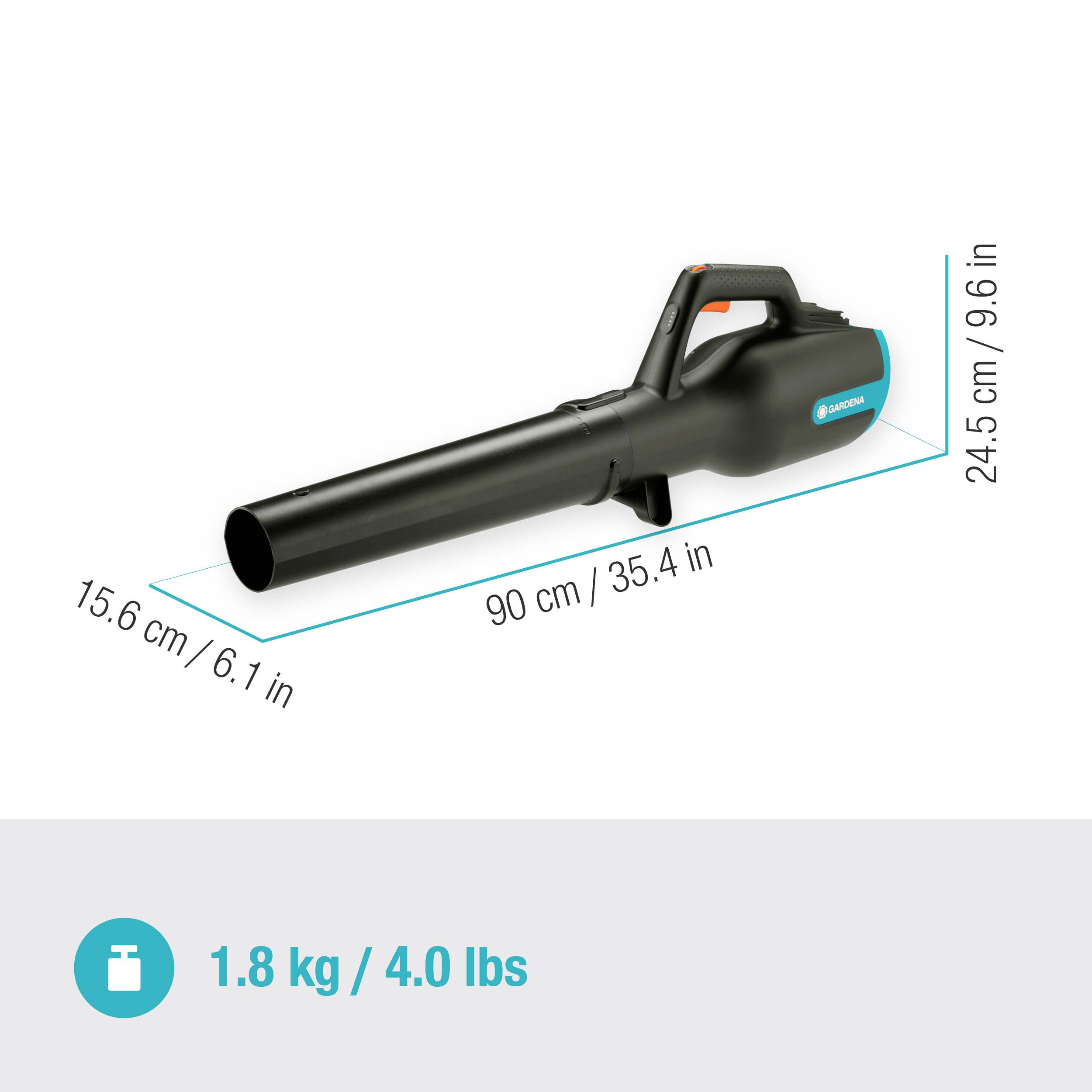 'Illustration d'un souffleur de feuilles électrique portable. Dimensions : Longueur 90 cm, Hauteur 24,5 cm. Poids : 1,8 kg.'