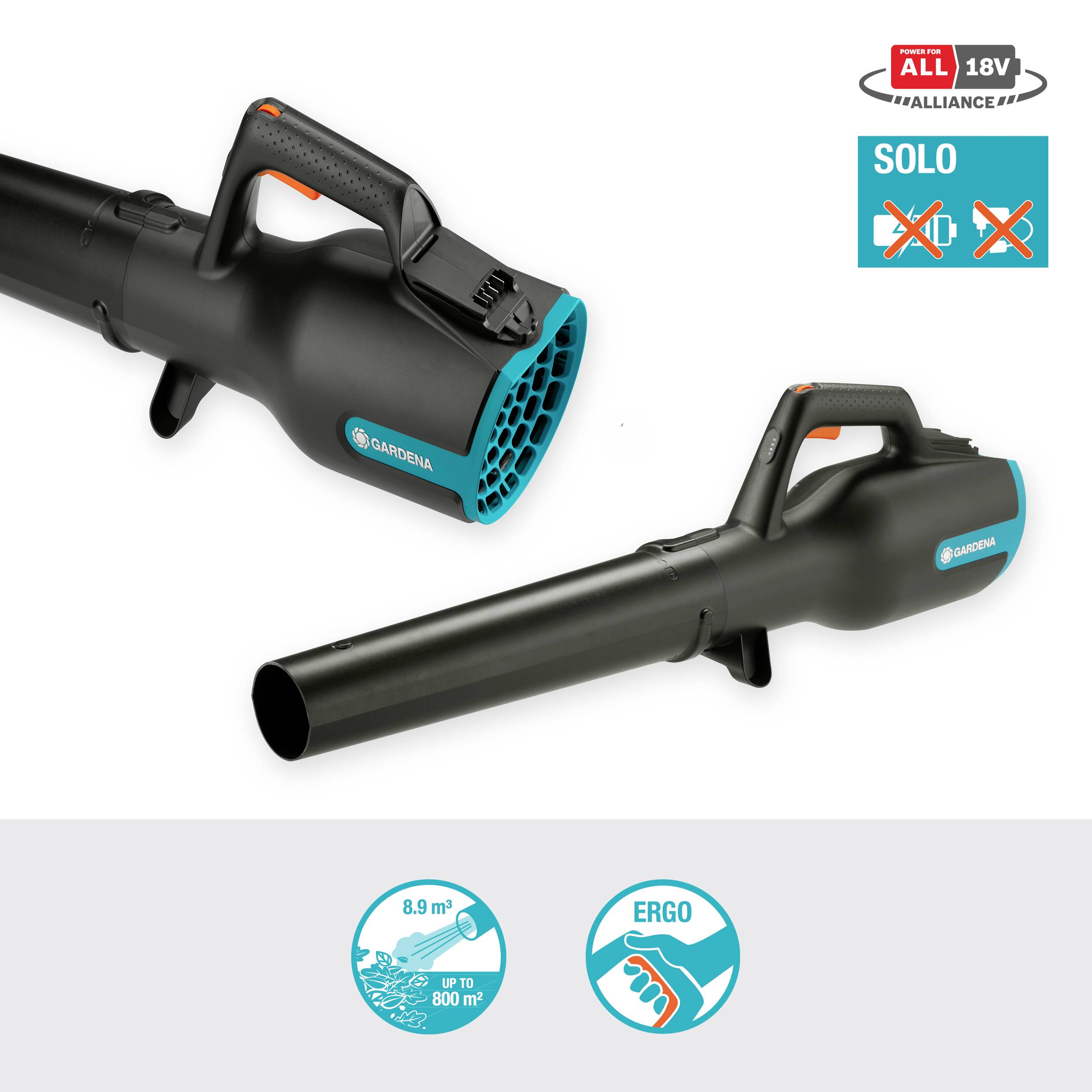Souffleur de feuilles 'Gardena', noir avec des accents turquoise. Adapté pour des surfaces allant jusqu'à 800 m². Ergonomique et sans fil. Système d'alliance de batterie 18V Solo.