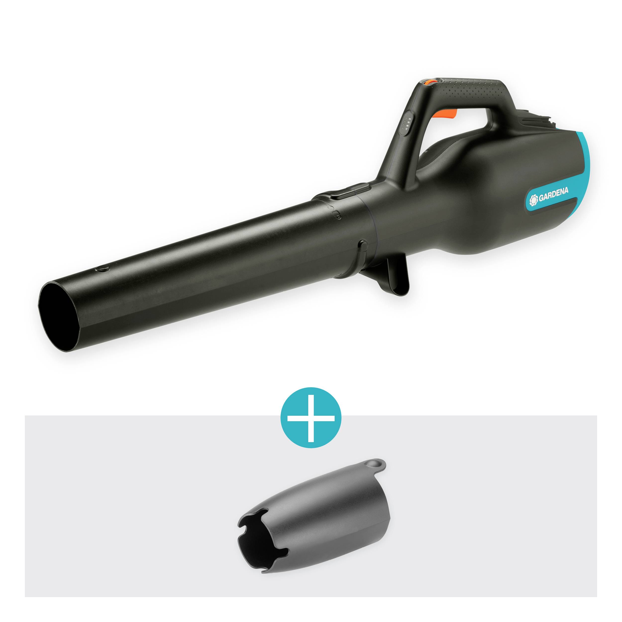 Un souffleur de jardin noir avec poignée et logo bleu. En dessous, un capot de protection noir amovible.