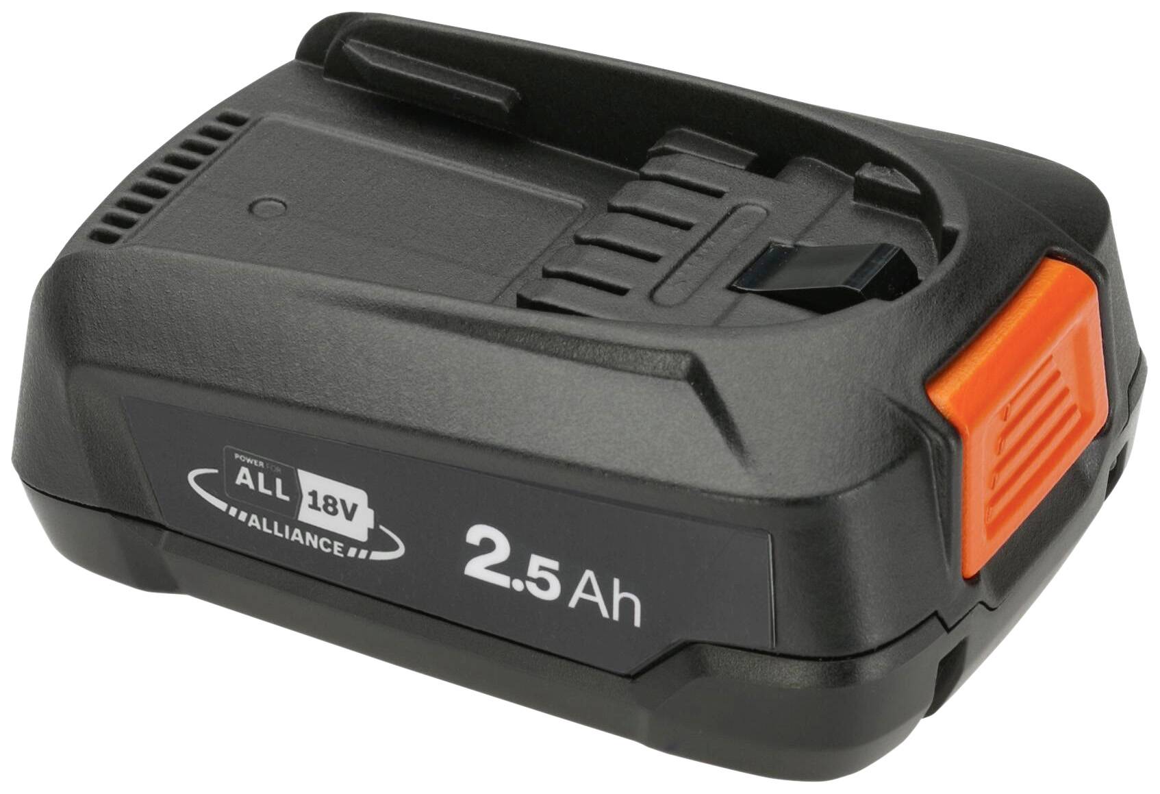 Batterie noire avec 2,5 Ah et logo Alliance 18V, vue arrière. Capuchon orange à droite. Compatible avec divers appareils.