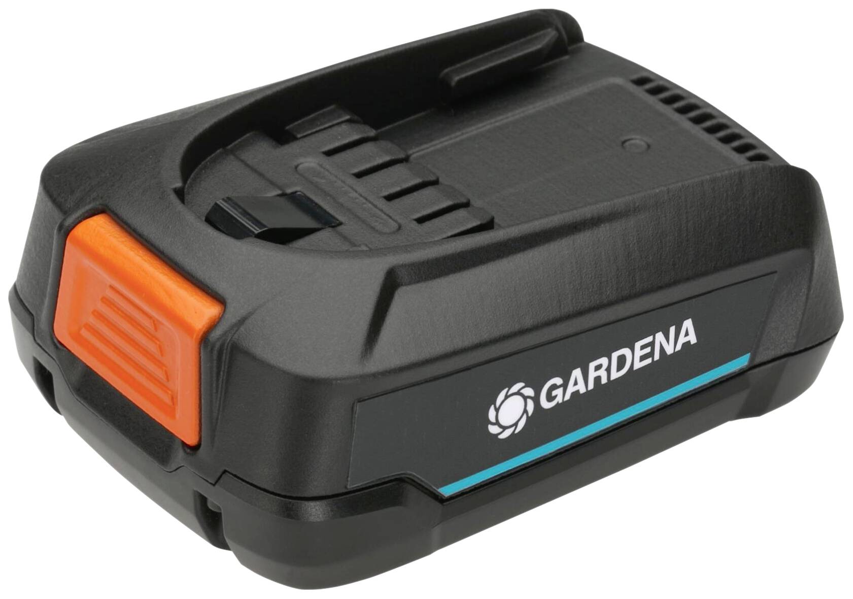 Une batterie Gardena noire avec un détail orange et le logo de l'entreprise. La batterie est compacte et convient aux outils de jardinage.