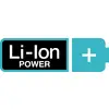 Un symbole avec le texte 'Li-Ion Power' sur un fond noir, à côté d'un signe plus dans un symbole de batterie de couleur cyan.