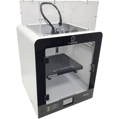 Imprimante 3D avec capot transparent montrant la zone d'impression et la buse. L'appareil est blanc et noir, de la marque 'renkforce Pro 6'.