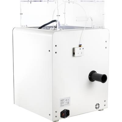 Un appareil blanc rectangulaire avec une sortie noire et un couvercle transparent. Il dispose de connexions électriques à l'arrière.