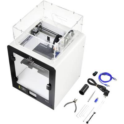Une imprimante 3D avec un couvercle amovible à côté d'outils et d'accessoires, comprenant un câble, un tournevis et une pince.