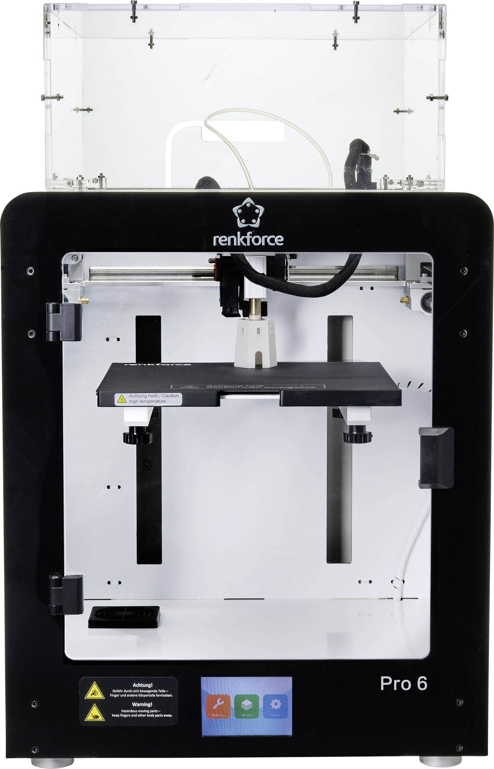 Une imprimante 3D portant l'inscription 'renkforce Pro 6'. L'imprimante est dans un boîtier noir, avec un intérieur blanc et un panneau de commande tactile en bas.