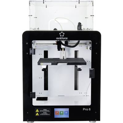 Une imprimante 3D portant l'inscription 'renkforce Pro 6'. L'imprimante est dans un boîtier noir, avec un intérieur blanc et un panneau de commande tactile en bas.