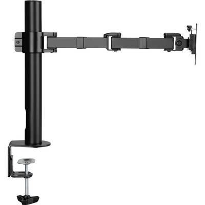 Un bras de moniteur noir avec pince de fixation pour montage sur bureau, permettant l'ajustement de la hauteur et de l'inclinaison pour un positionnement ergonomique de l'écran.