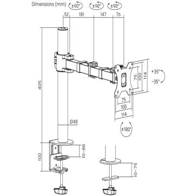 Dessin technique d'un bras articulé de moniteur. Les dimensions et l'angle d'inclinaison du support sont indiqués en détail.