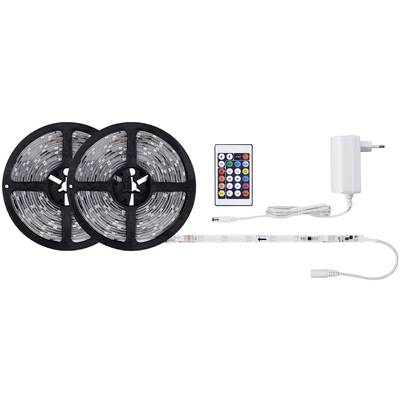 Bande LED avec télécommande et bloc d'alimentation, montrant deux rouleaux de lumières et une télécommande avec des touches colorées pour le contrôle.