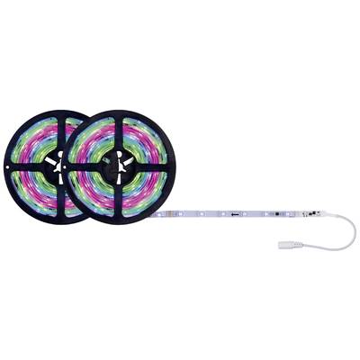 Deux rouleaux de bandes lumineuses LED illuminées de différentes couleurs, reliés par un câble blanc sur le côté droit.