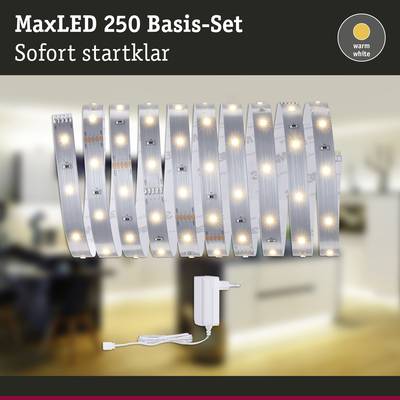 'MaxLED 250 Kit de Base : Bande LED en blanc chaud avec alimentation, prête à l'emploi immédiatement. Parfait pour un éclairage d'ambiance.'
