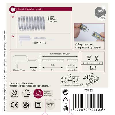 'Kit complet pour barre lumineuse LED, 300 lumens/m, 29W. Extensible jusqu'à 5,5 m, bloc d'alimentation inclus. Compact et facile à connecter.'