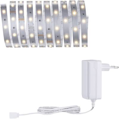 Bande lumineuse LED avec lumière blanc chaud et adaptateur secteur, adaptée pour un éclairage d'ambiance à l'intérieur.
