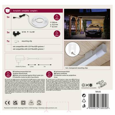 'Kit d'éclairage de rue : Complet avec alimentation, bande LED (3 m, 60 LED/m), 7 clips de montage. Non compatible avec les systèmes 24V.'