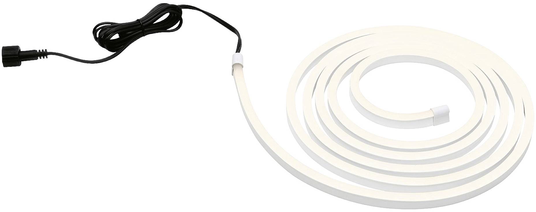 Un long ruban lumineux LED blanc, disposé en spirale, avec un câble de connexion noir à une extrémité.