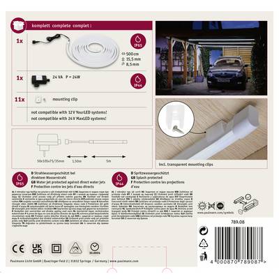 Ensemble de système d'éclairage LED comprenant des bandes, un adaptateur, des clips de montage et une protection contre les projections d'eau. Non compatible avec YourLED. Applications : Carport.