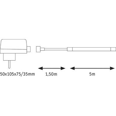 Le diagramme présente un dessin technique d'un appareil avec des dimensions de 50x105x75/35 mm et un câble de 1,50 m menant à une autre section de 5 m.