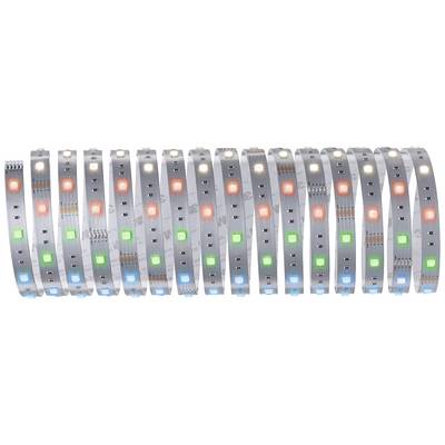 Une bande lumineuse à LED avec des carrés lumineux alternant en rouge, vert et bleu sur un ruban métallique.