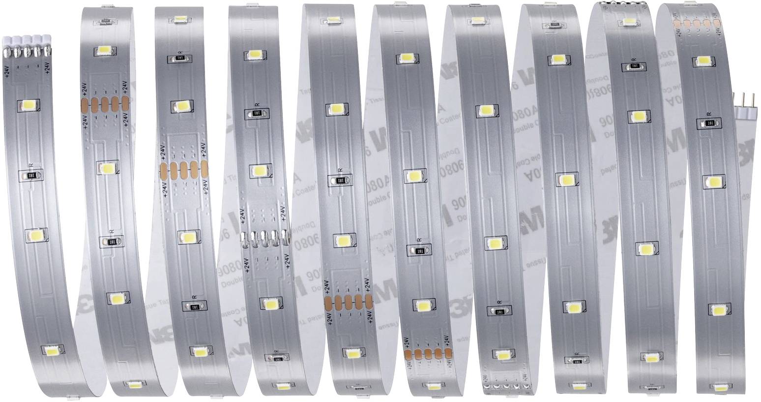 Ruban à LED avec des LEDs uniformément réparties sur un rouleau, montrant le côté avant avec plusieurs lignes parallèles et des contacts.