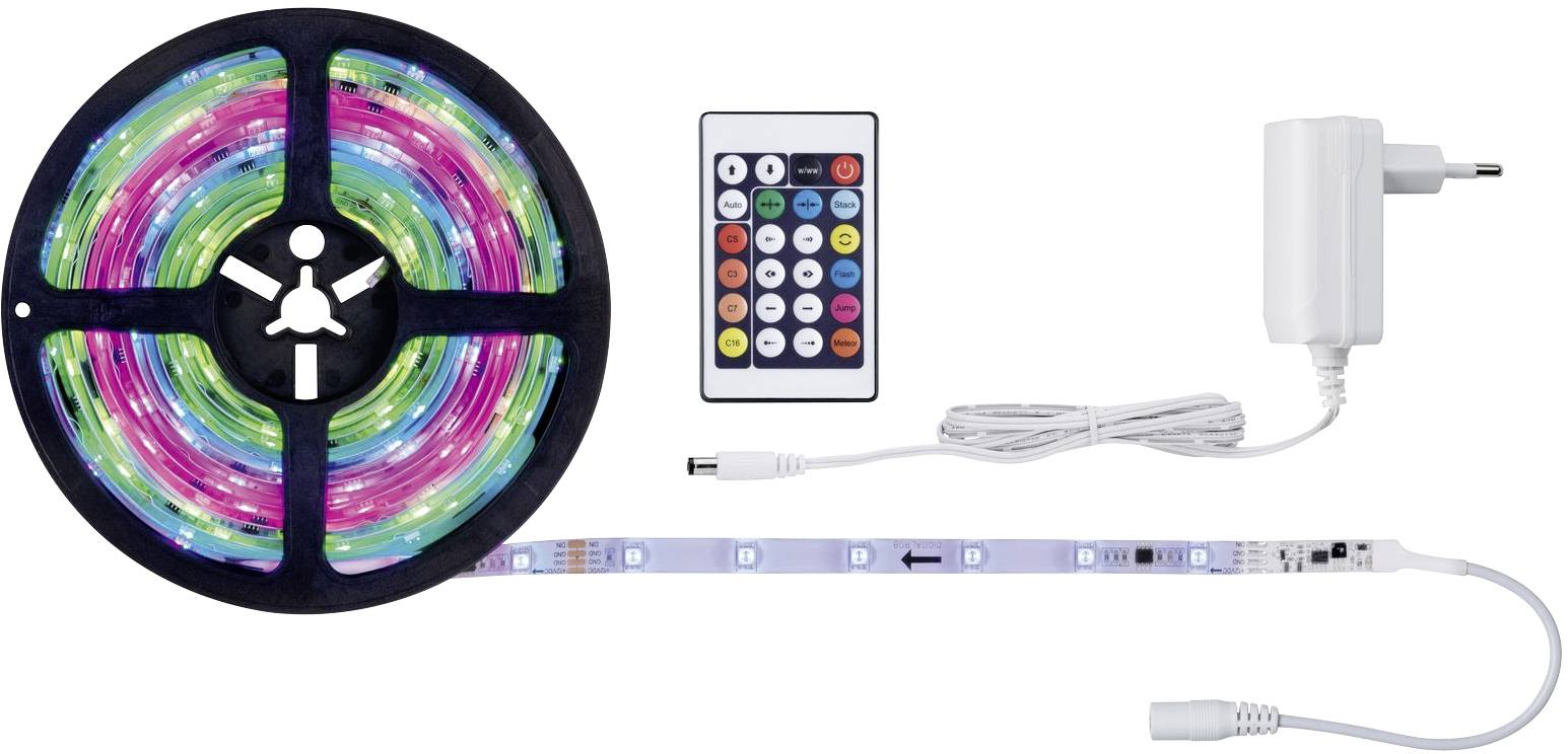 Bande lumineuse LED avec télécommande et alimentation. Les bandes sont colorées et offrent différentes options d'éclairage.