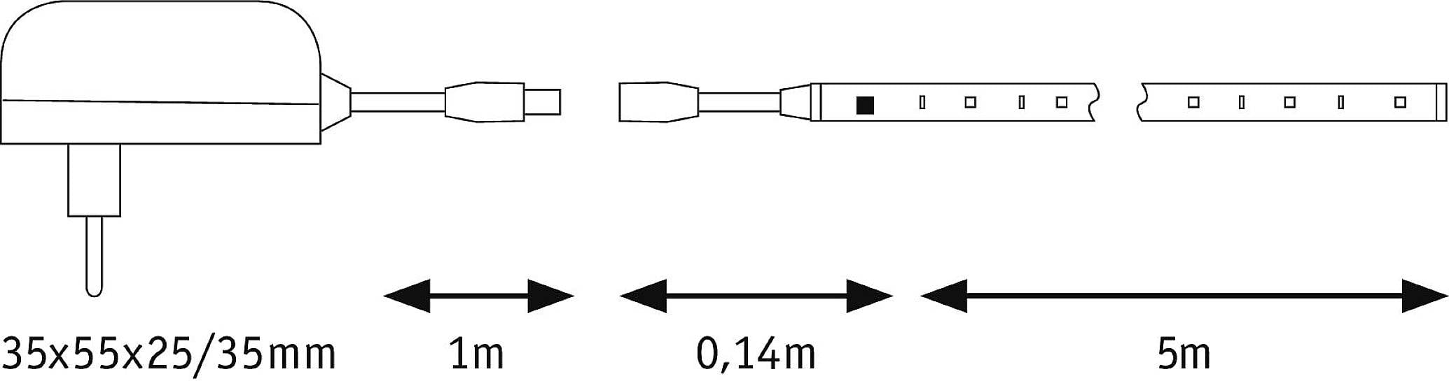 Dimensions d'un composant électronique : 35x55x25/35 mm. Câbles : 1 m, 0,14 m, 5 m.