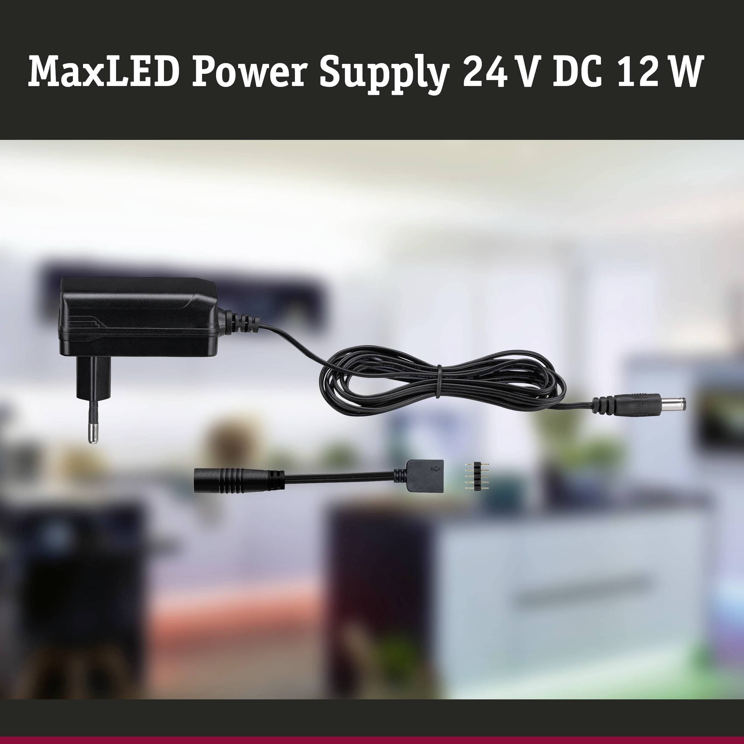 Alimentation MaxLED 24V DC, 12W, trois fiches différentes sur l'image. Convient à l'éclairage LED dans les espaces d'habitation.