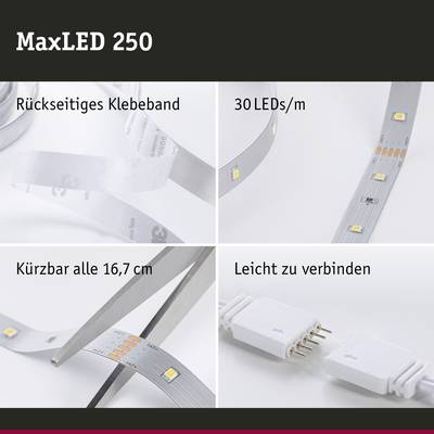 Bande LED avec ruban adhésif double face, 30 LEDs/m, raccourcissable tous les 16,7 cm, facile à connecter, modèle 'MaxLED 250'.