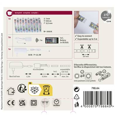 'Ensemble de ruban lumineux LED 3m avec télécommande. Blanc chaud, extensible jusqu'à 5m. Inclus bloc d'alimentation et pile. Lumens : 270, Puissance : 26W.'