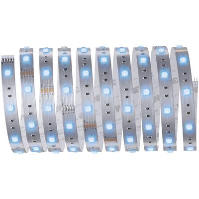 Une barre lumineuse LED flexible présente des diodes bleues luminescentes réparties uniformément sur une bande transparente.