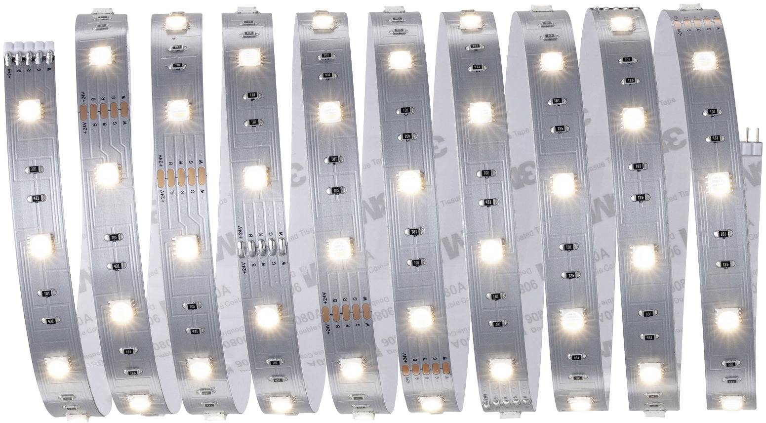 Bande lumineuse à LED avec des diodes blanches brillantes sur un ruban flexible argenté, adaptée à la décoration et à l'éclairage.