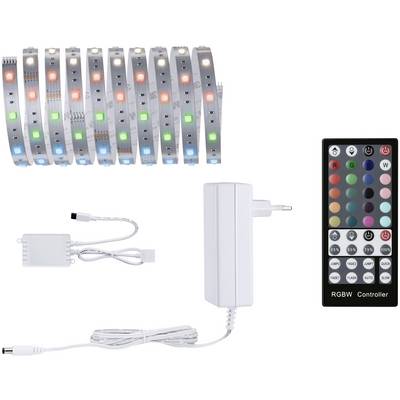 Bande lumineuse LED avec télécommande et alimentation. La bande présente des LED colorées. La télécommande dispose de différentes touches de couleurs.