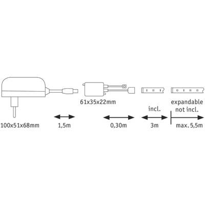 'Dessin d'une prise avec dimensions 100x51x68mm, suivi d'un adaptateur (61x35x22mm) et d'une multiprise. Longueurs de câbles : 1,5m, 0,30m, 3m. Extensible jusqu'à max. 5,5m.'