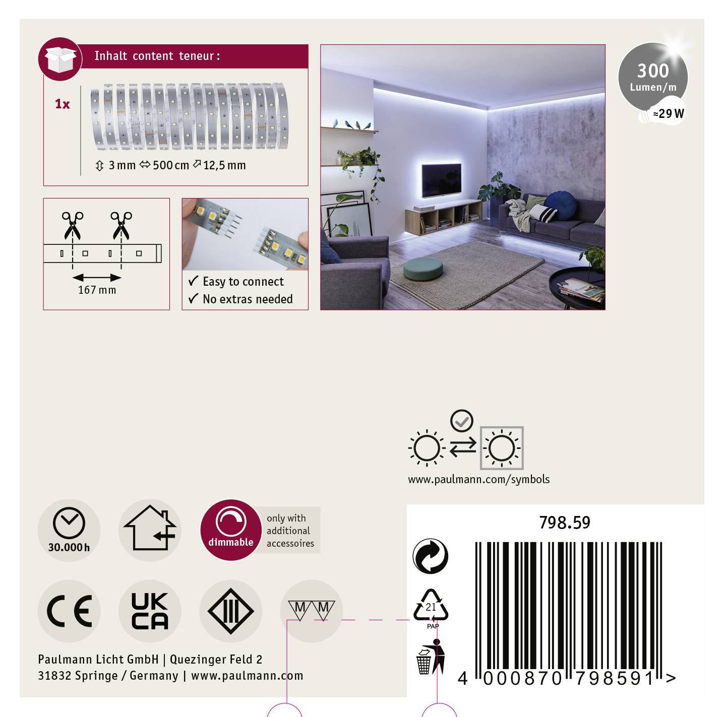 Ensemble de bande LED de 5 m avec télécommande, 300 lumens/m, 29 W. Facile à connecter, aucun accessoire supplémentaire requis.