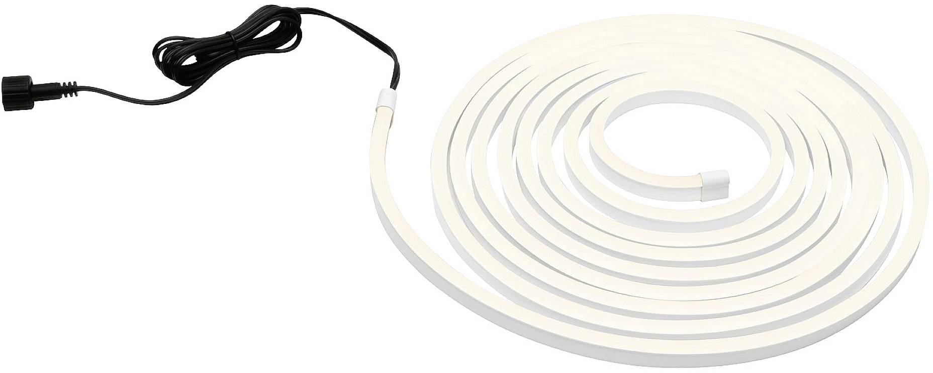Un ruban LED blanc enroulé, avec un câble de connexion noir sur le côté gauche, prêt à être installé.