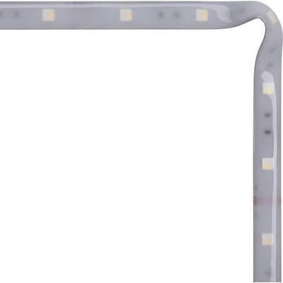 Une bande lumineuse LED flexible avec des diodes électroluminescentes visibles à intervalles réguliers, courbée à angle droit.