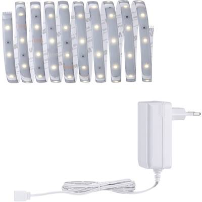 Bande lumineuse à LED et adaptateur secteur. La bande lumineuse est pliée à plusieurs endroits et montre de petites lampes LED luminescentes. Adaptateur avec câble en dessous.