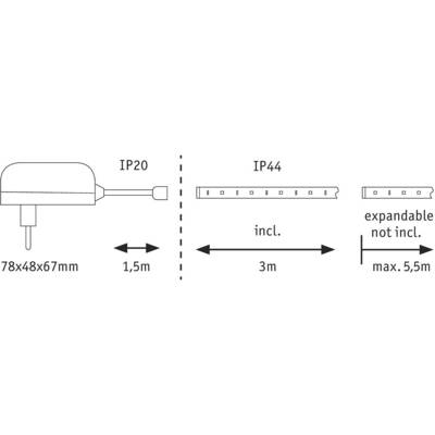 Le diagramme présente deux types de lampes : IP20 pour les espaces intérieurs (78x48x67mm, câble de 1,5m) et IP44 pour les espaces extérieurs (câble de 3m, extensible jusqu'à 5,5m).