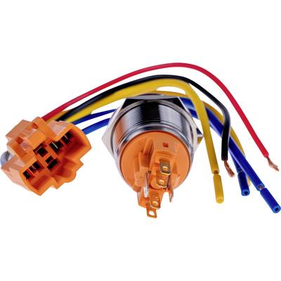Un faisceau de câbles avec un connecteur orange, plusieurs fils multicolores et un interrupteur métallique, probablement destiné à des installations électriques.