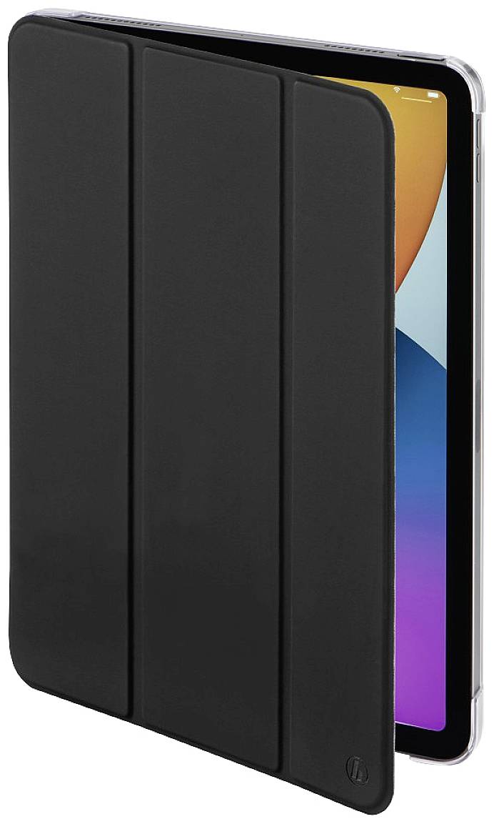Une housse noire pour tablette, légèrement ouverte, révèle l'écran d'une tablette avec un arrière-plan coloré.