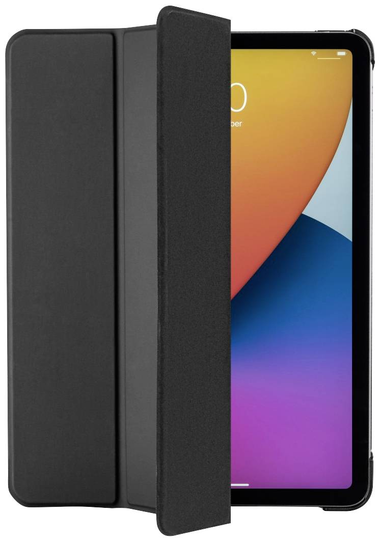 Tablette avec une housse de protection noire, partiellement ouverte. Un fond d'écran coloré est visible sur l'écran.