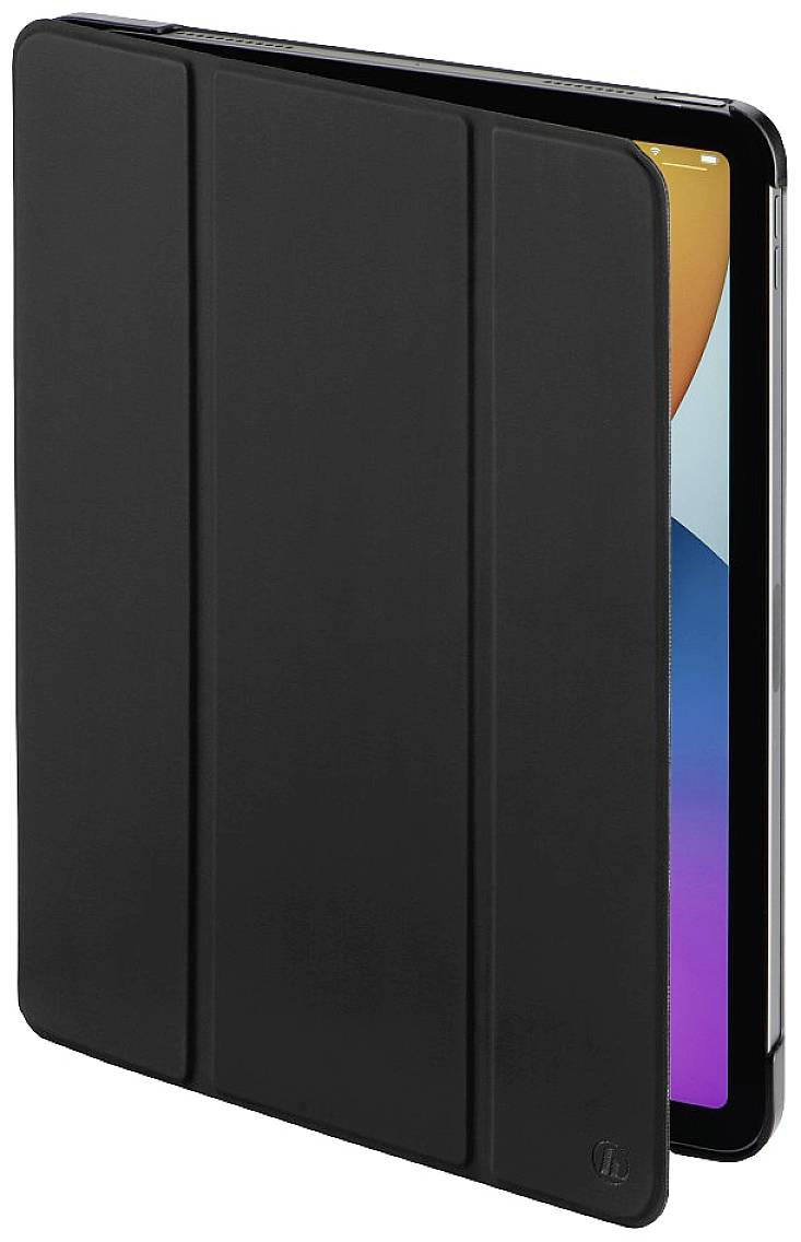 Tablette noire dans un étui vertical, partiellement ouverte, affichant des fonds d'écran colorés.