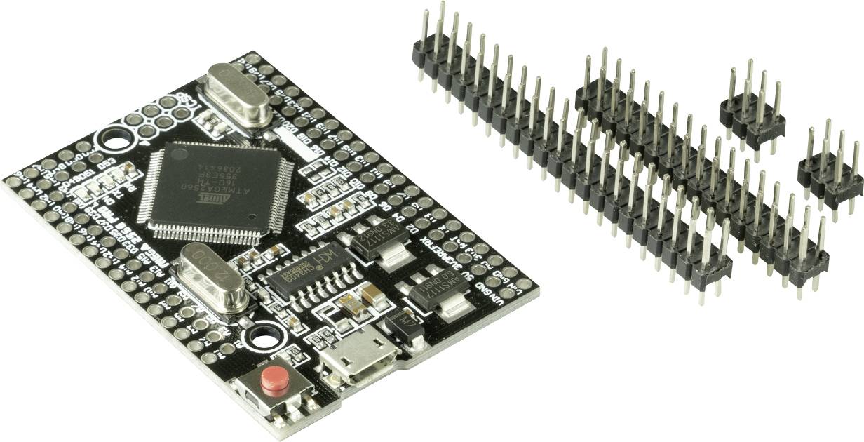 Microcontrôleur avec port USB et plusieurs broches ; adapté pour les projets électroniques. Broches représentées séparément.