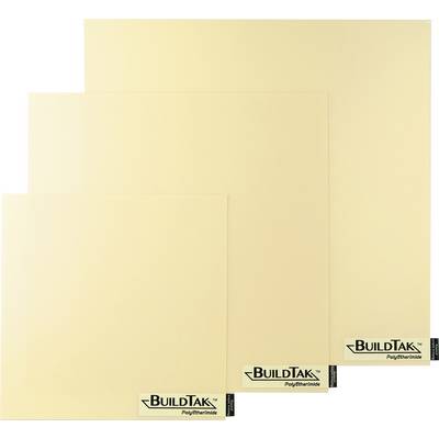 Trois plaques BuildTak beige clair de différentes tailles, disposées en carré, la marque imprimée en bas à droite.