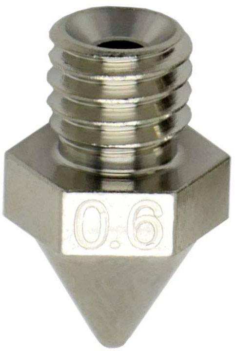Buse d'imprimante 3D métallique gravée '0.6', montrant l'ouverture de la buse. Utilisée pour l'extrusion précise de filament.
