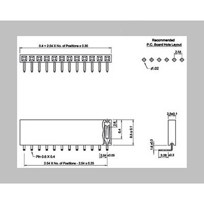 Schéma d'un connecteur électrique. Présente une vue de dessus et une vue latérale avec des dimensions précises pour la conception de circuit imprimé.