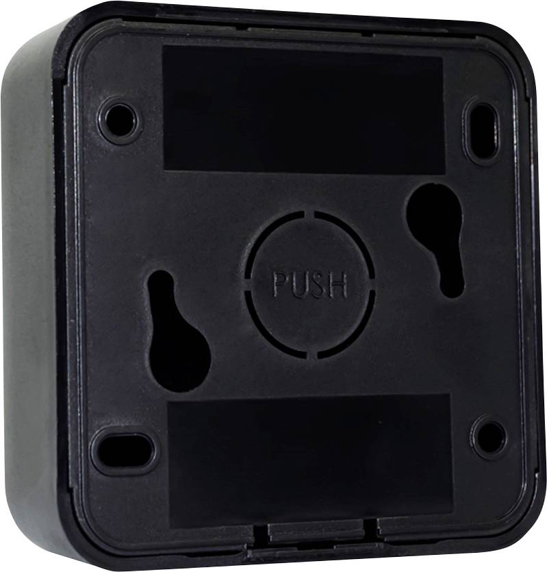 Support rectangulaire noir en plastique avec quatre trous de fixation et l'inscription 'PUSH' au centre, adapté pour un montage mural.