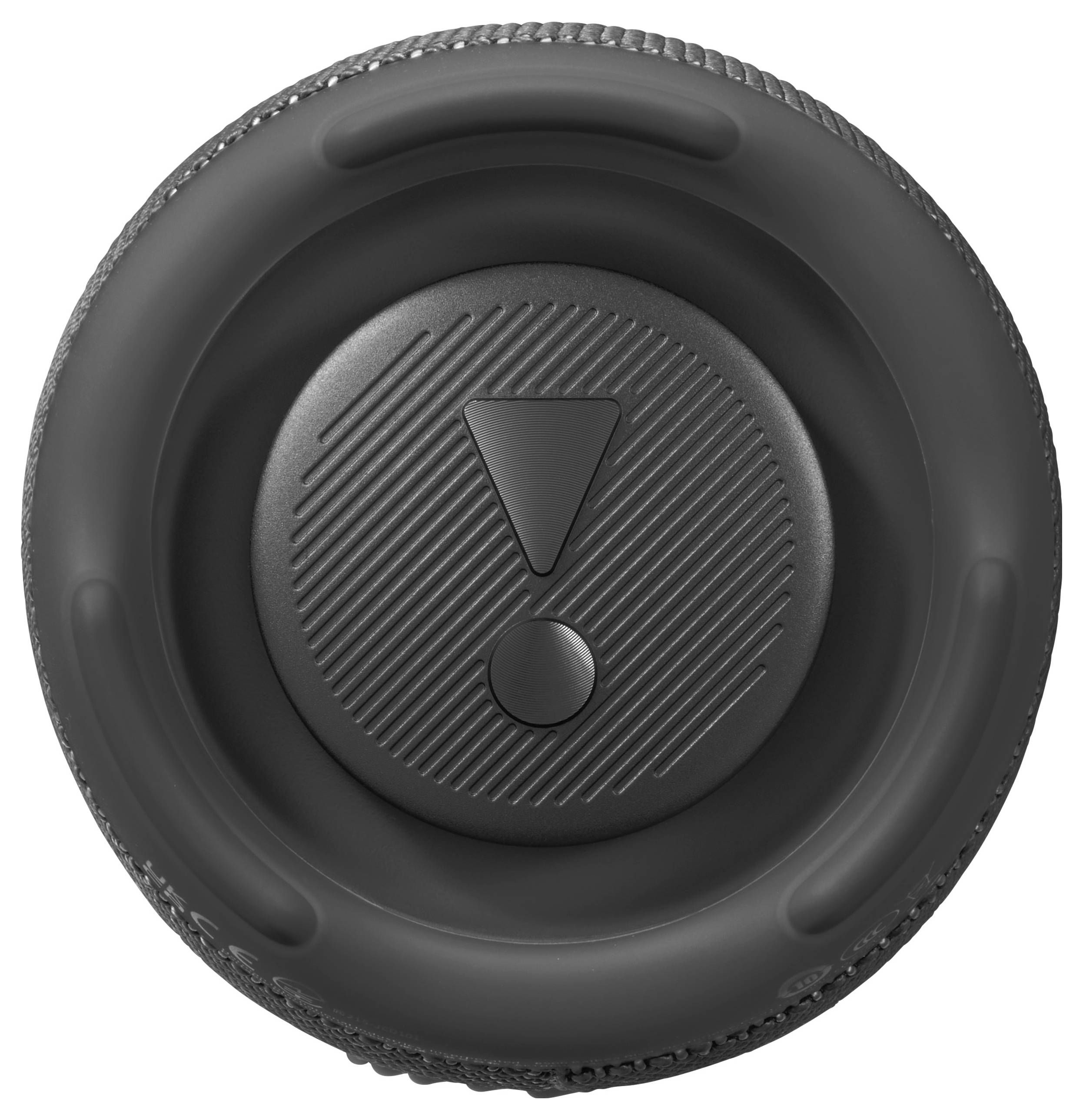 Bouton noir rond avec un point d'exclamation et des lignes nervurées au centre.